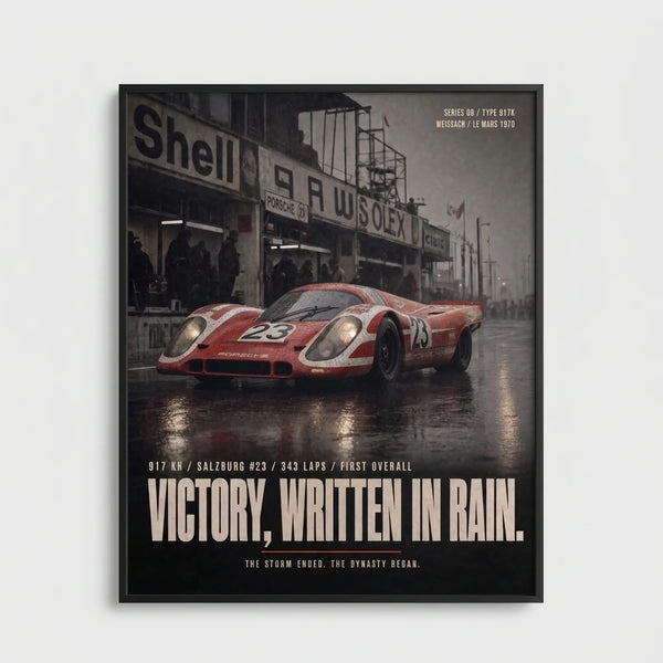 Poster Porsche 917K Le Mans 1970 Tourismo avec prototype de course historique sur fond sombre