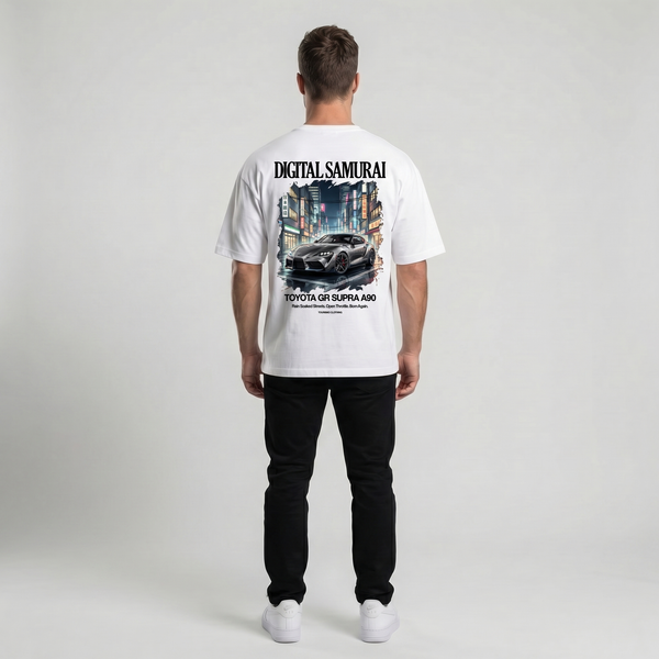 T-shirt Toyota GR Supra A90 Digital Samurai blanc, vue dos : design Tokyo by night, Tourismo Clothing