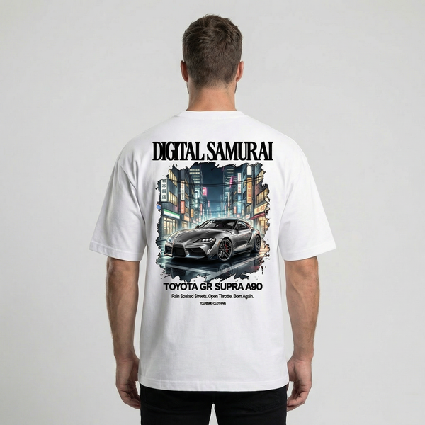 T-shirt Toyota GR Supra A90 Digital Samurai blanc, zoom dos : flocage streetwear premium Tourismo Clothing