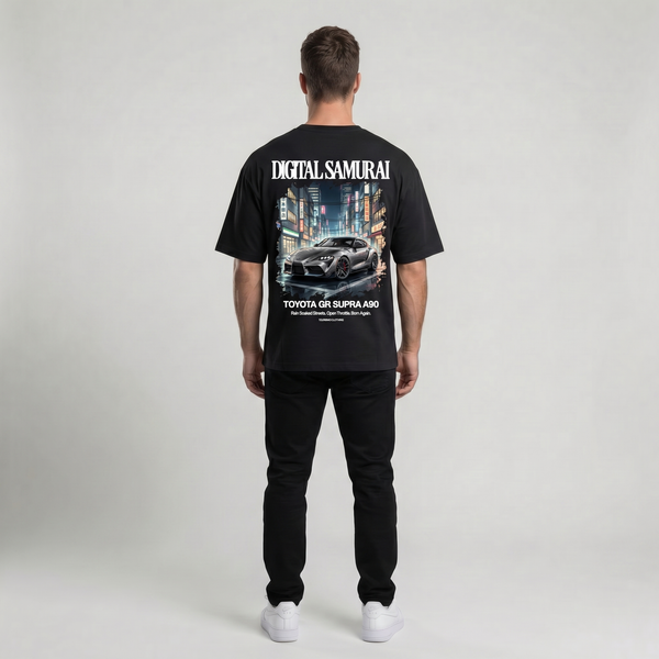 T-shirt Toyota GR Supra A90 Digital Samurai noir, vue dos : design cinématographique Tokyo, Tourismo Clothing