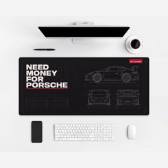 Tapis de souris Need Money For Porsche, plan coté