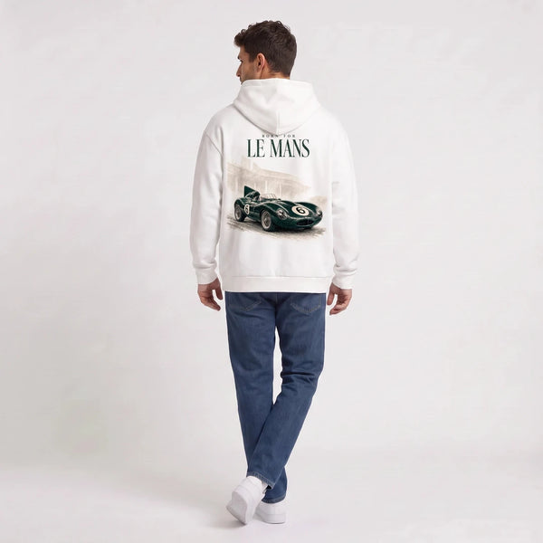Sudadera con capucha blanca Jaguar D-Type Le Mans N°6: Born for Le Mans, vista de espaldas
