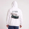 Sudadera Jaguar D-Type Le Mans N°6: Born for Le Mans blanca, puesta, vista trasera