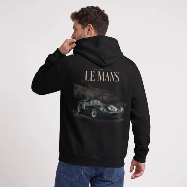 Sudadera Jaguar D-Type Le Mans N°6: Born for Le Mans, negra, puesta, vista trasera