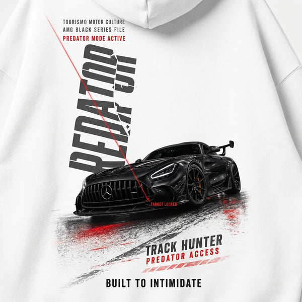 Design Mercedes AMG Predator blanc sweat, PREDATOR vertical laser rouge, flocage haute définition, Tourismo Clothing Junior