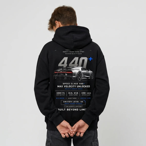 Sweat enfant Bugatti Chiron Super Sport noir dos, design 440 km/h Built Beyond Limits, Tourismo Clothing