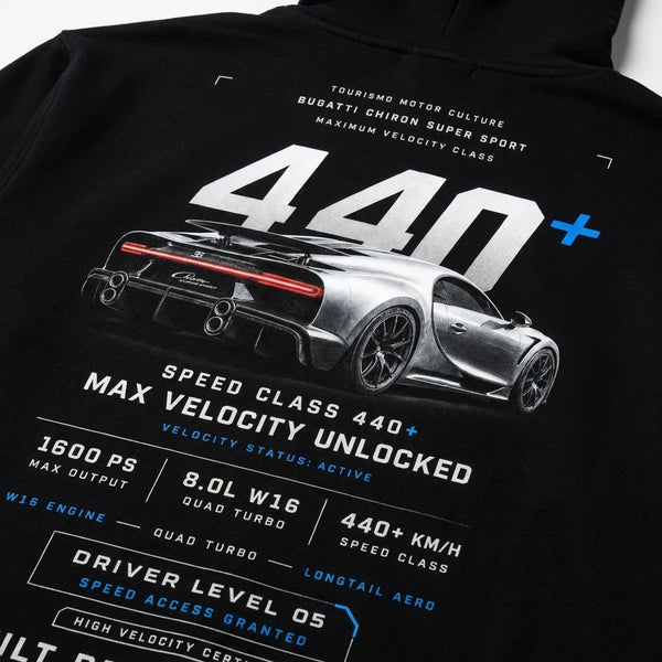 Design Bugatti Chiron 440 noir sweat, 440 plus bleu électrique lumineux, flocage haute définition, Tourismo Clothing Junior