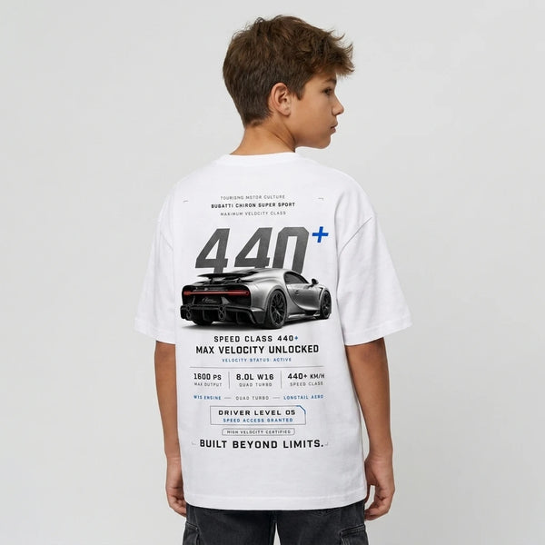 Sweat enfant Bugatti Chiron Super Sport blanc dos, design 440 km/h Built Beyond Limits, Tourismo Clothing