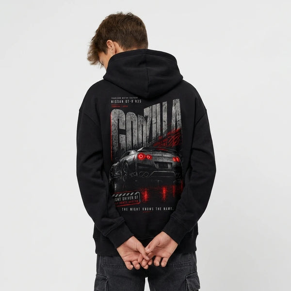 Sweat enfant Nissan GT-R R35 noir dos, design Godzilla Mode, Yokohama Japan, Tourismo Clothing