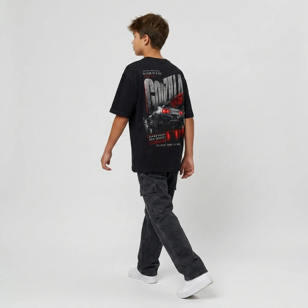 T-shirt enfant Nissan GT-R R35 noir dos, design Godzilla Mode, Yokohama Japan, Tourismo Clothing