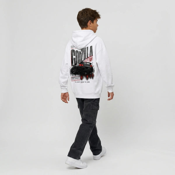 Sweat enfant Nissan GT-R R35 blanc dos, design Godzilla Mode, The Night Knows The Name, Tourismo Clothing