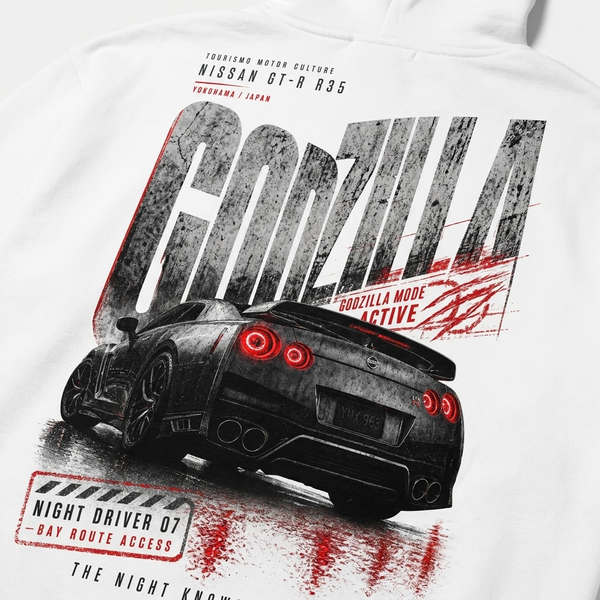 Design Nissan GT-R R35 Godzilla blanc sweat, feux rouges iconiques, flocage haute définition, Tourismo Clothing Junior