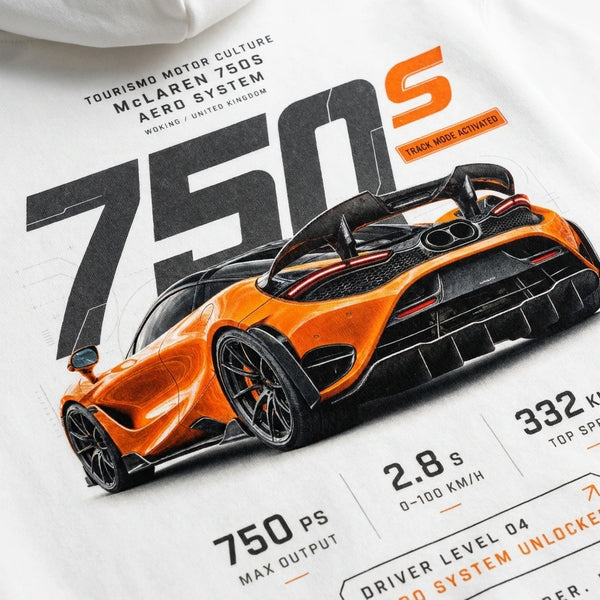 Design McLaren 750S blanc sweat, 750S orange, flocage haute définition, Lighter Sharper Faster, Tourismo Clothing Junior