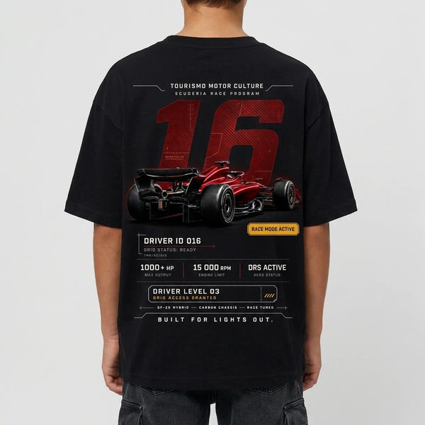 Design Race ID 016 noir, numéro 16 carbon rouge, flocage haute définition, Tourismo Clothing Junior