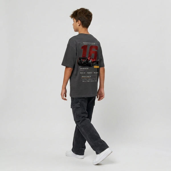 Design Race ID 016 gris foncé, numéro 16 carbon rouge, flocage haute définition, Tourismo Clothing Junior