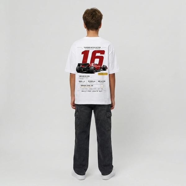 T-shirt enfant Ferrari F1 Charles Leclerc 16 blanc dos, design full-back Race ID 016, Tourismo Clothing
