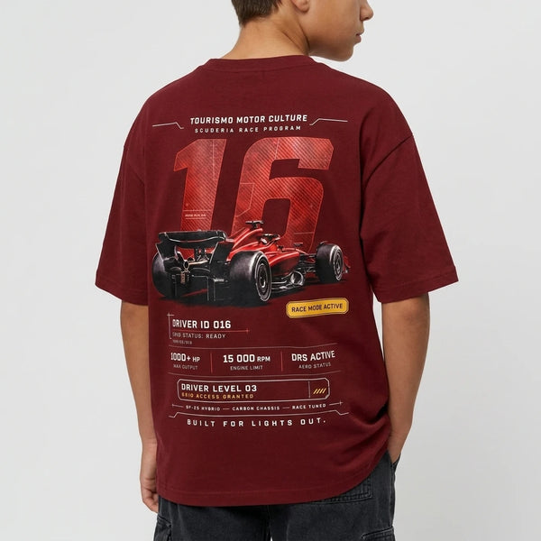 T-shirt enfant Charles Leclerc 16 blanc 3/4 dos, Race ID 016 Scuderia Junior, Tourismo Clothing