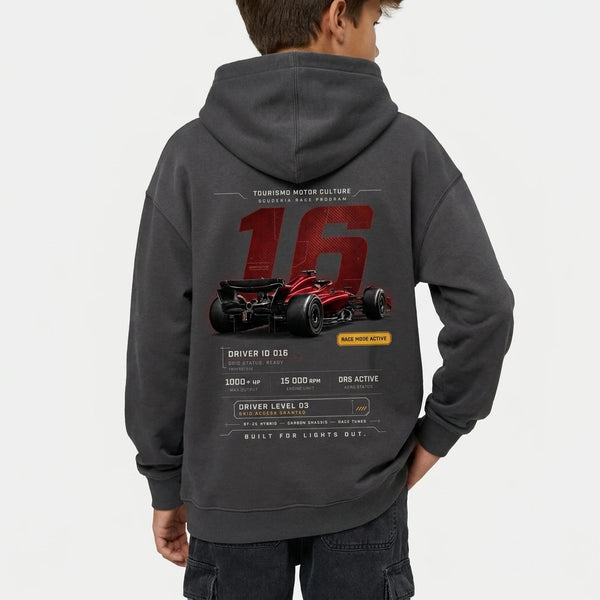 Sweat enfant Ferrari F1 Charles Leclerc 16 gris foncé dos, design Race ID 016, Tourismo Clothing