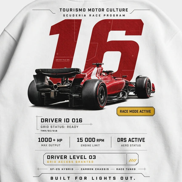 Design Race ID 016 blanc sweat, numéro 16 carbon rouge, flocage haute définition, Tourismo Clothing Junior