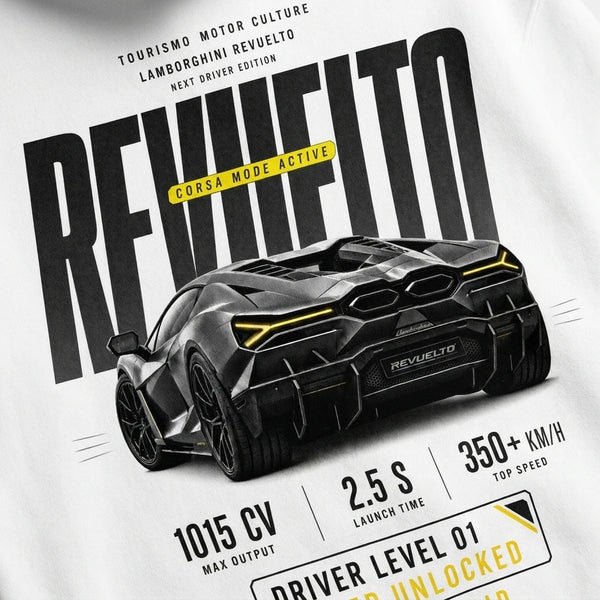 Design Lamborghini Revuelto blanc, flocage haute définition REVUELTO, Tourismo Clothing Junior