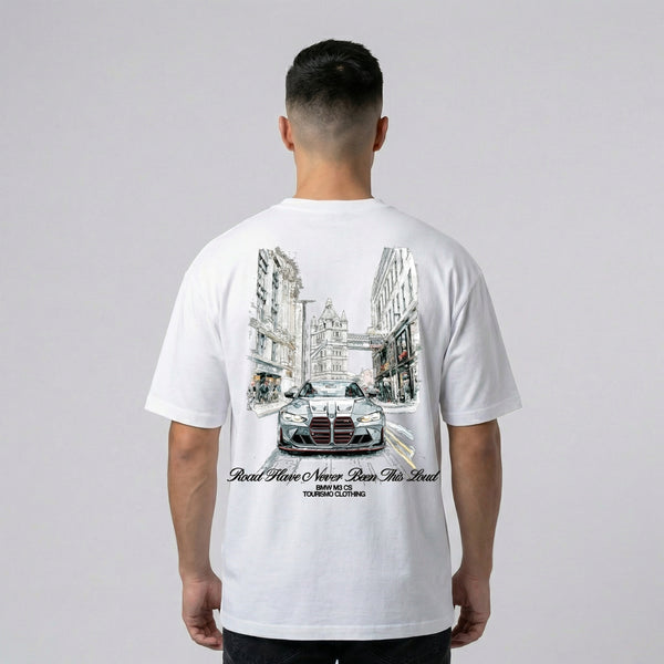 T-shirt BMW M3 G80 blanc vue de dos avec illustration détaillée imprimée