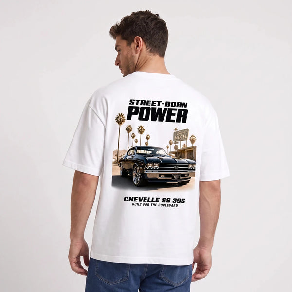 T-shirt Chevrolet Chevelle SS 396 Street-Born Power blanc porté de dos