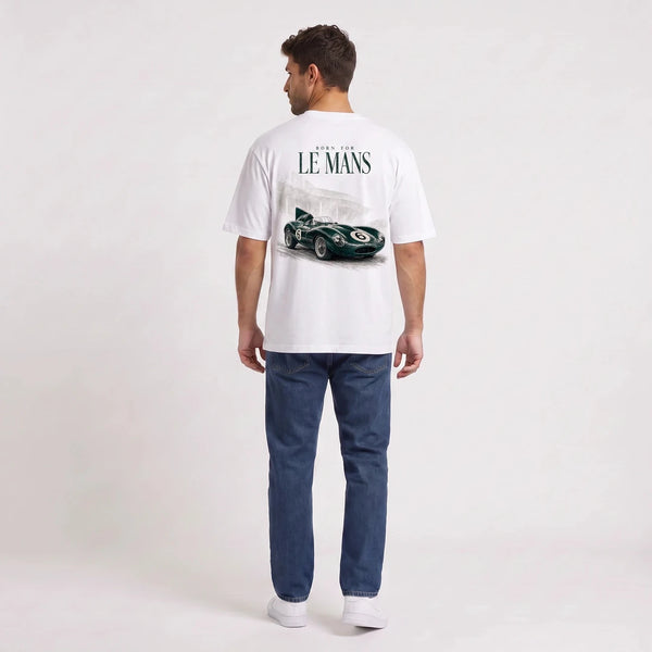 Camiseta Jaguar D-Type Le Mans N°6: Born for Le Mans, blanca, vista trasera