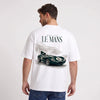 Camiseta blanca Jaguar D-Type Le Mans N°6: Born for Le Mans puesta, vista de espaldas
